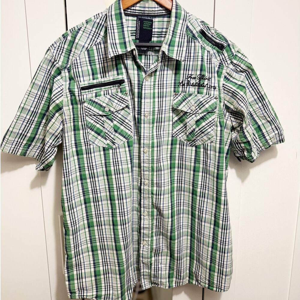 Koman Jeans Green Plaid Button-Up Shirt Men’s 2XL Short Sleeve‎ Western